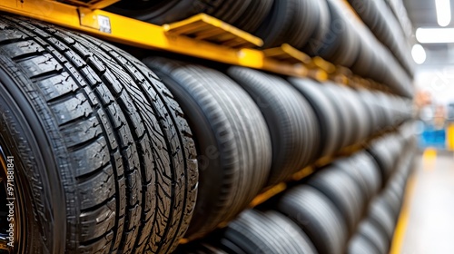 Close up of New Car Tires Stacked in a Warehouse