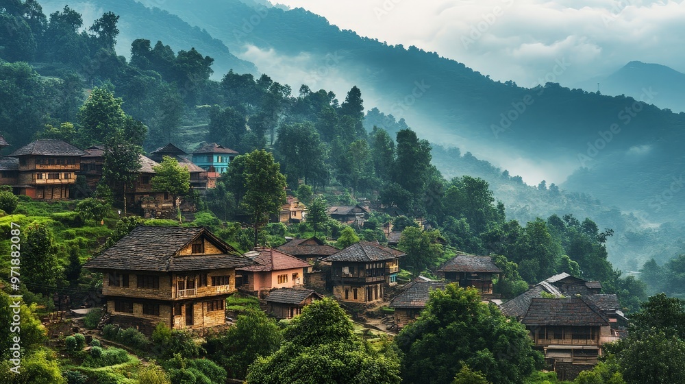 Fototapeta premium A picturesque village nestled in the foothills of a mountain range, with traditional architecture and lush greenery.