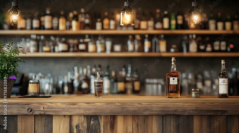 Open wooden bar counter with alcohol on shelves in modern cafe restaurant interior panorama copy space : Generative AI Open wooden bar counter with alcohol on shelves in modern cafe restaurant interior panorama copy space : Generative AI
