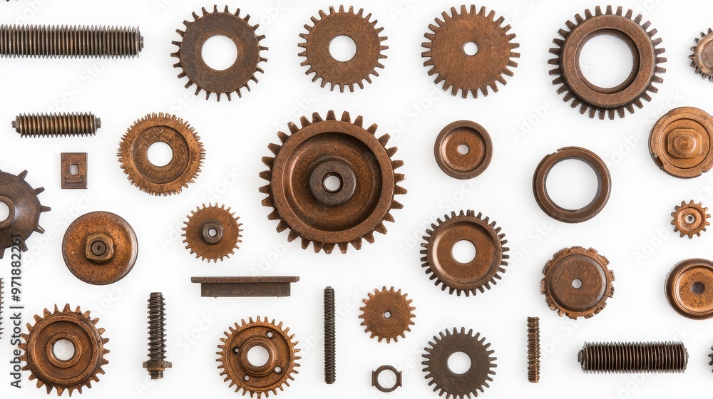 Rusty Gears and Screws on White Background Rusty Gears and Screws on White Background