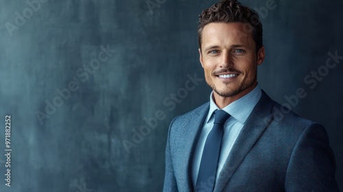 Stylish businessman in a well-fitted suit, beaming at the camera with a friendly expression.