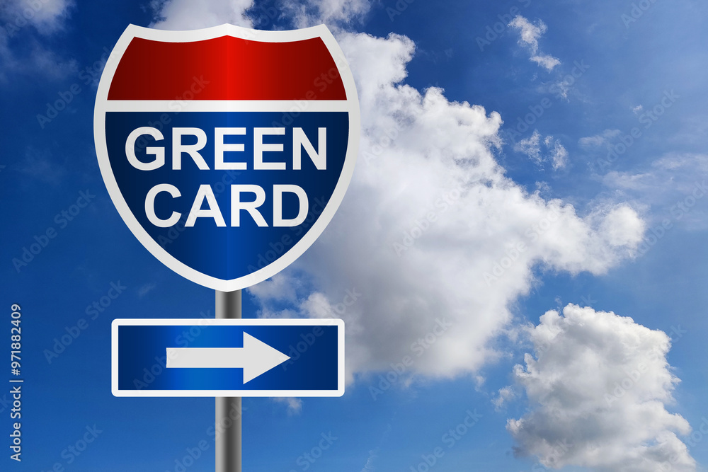 Green card word with red and blue road sign Green card word with red and blue road sign
