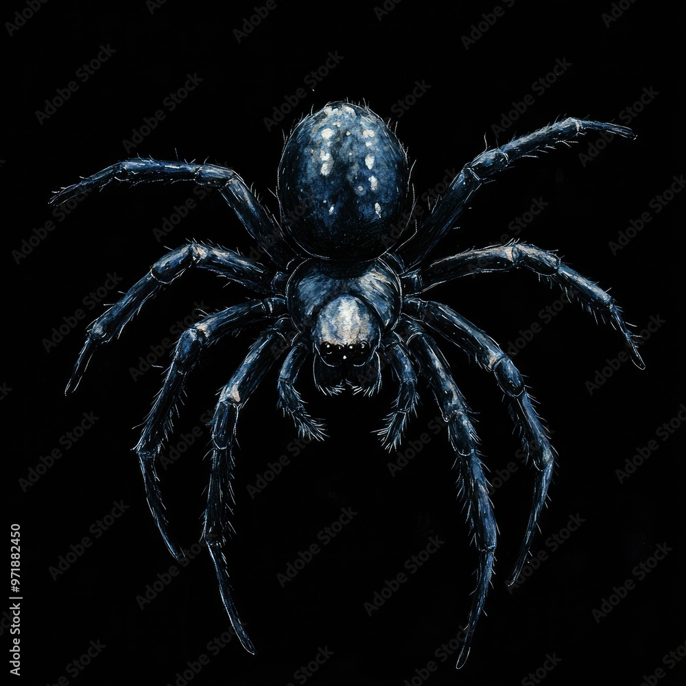 A Detailed Watercolor Painting of a Black Spider with White Spots A Detailed Watercolor Painting of a Black Spider with White Spots