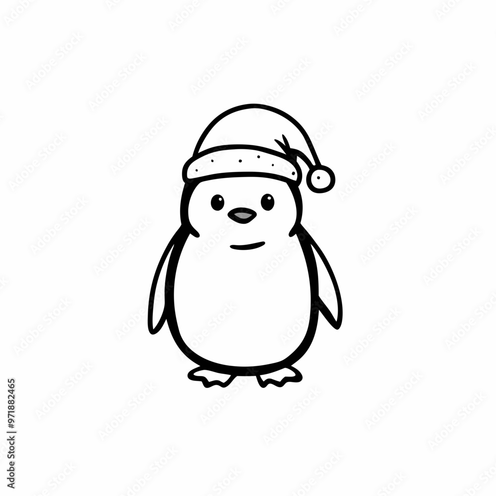 Fototapeta premium Simple penguin wearing a Christmas hat with a neutral expression against a plain background 