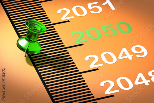 Green pin on year 2050 for Kyoto Protocol with CO2 reduction