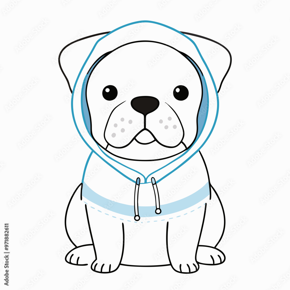 Fototapeta premium Cute puppy wearing a blue hoodie and smiling on a white background 