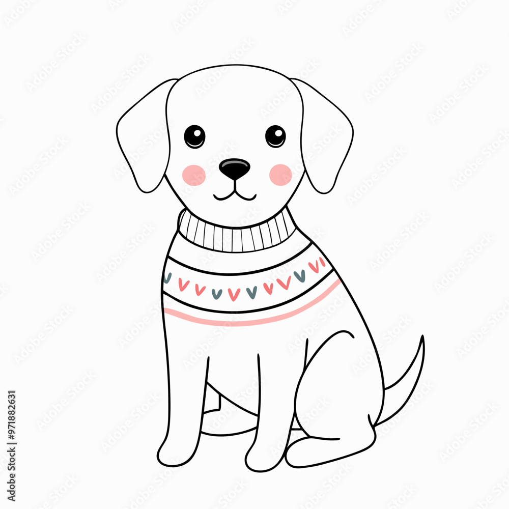 Fototapeta premium Cute puppy wearing a sweater with heart patterns and smiling on a white background