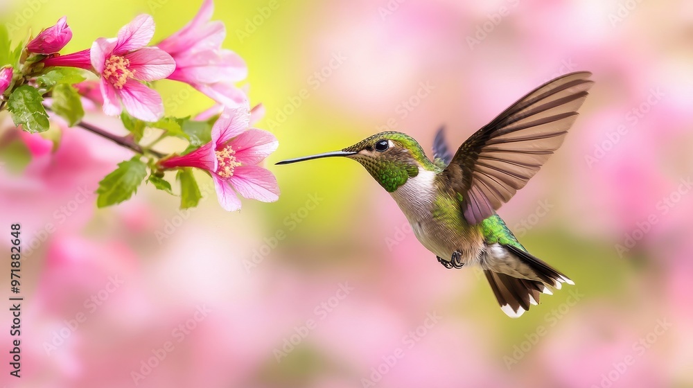 Hummingbird in Flight with Pink Flowers and Blurred Background Hummingbird in Flight with Pink Flowers and Blurred Background