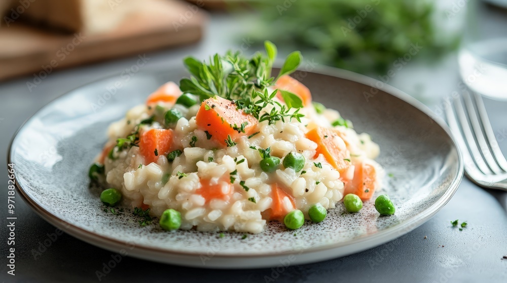 A rich and creamy risotto with tender vegetables and a garnish of fresh herbs, elegantly plated to showcase its luxurious texture and flavors. A rich and creamy risotto with tender vegetables and a garnish of fresh herbs, elegantly plated to showcase its luxurious texture and flavors.