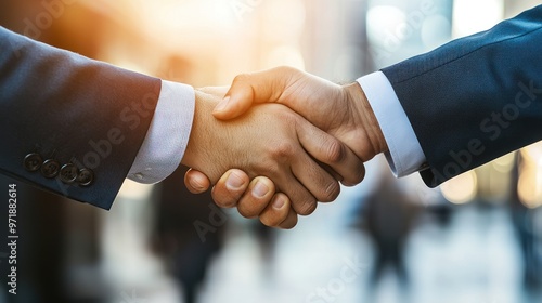 Business partners in a handshake, marking the conclusion of a merger and acquisition agreement.