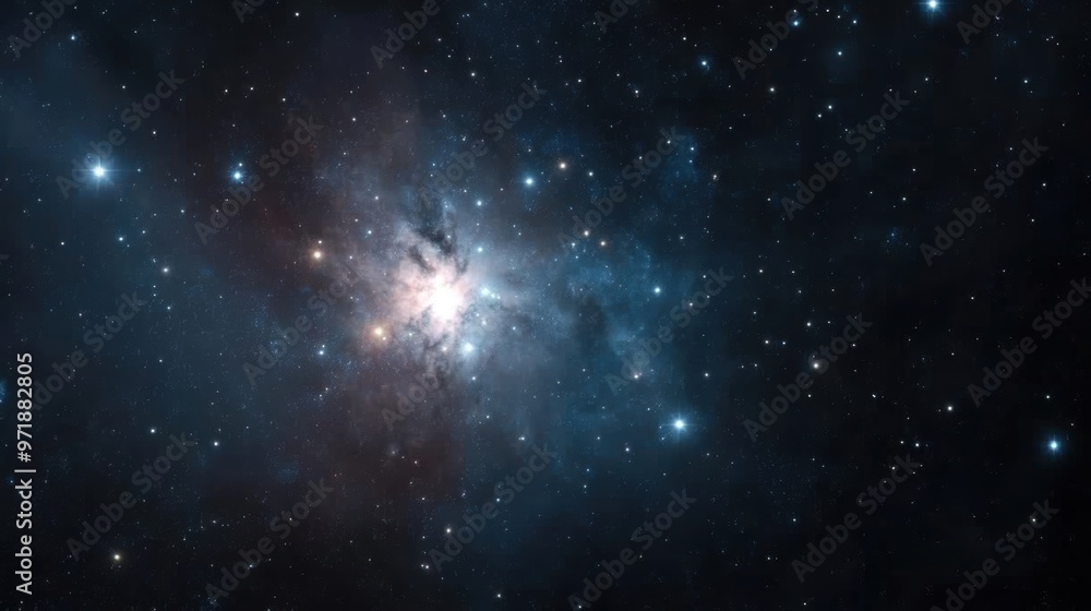Naklejka premium A brilliant nebula radiates colors in the depths of space, highlighting an array of luminous stars scattered throughout the cosmos