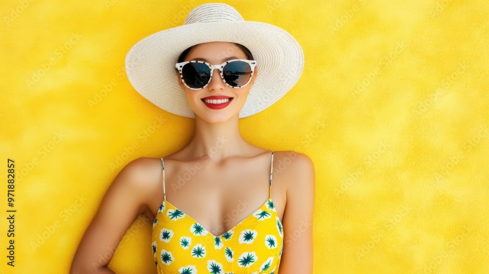 Fototapeta premium A fashionable woman enjoys the sunny day, wearing a bright summer hat and stylish sunglasses, with a colorful yellow backdrop