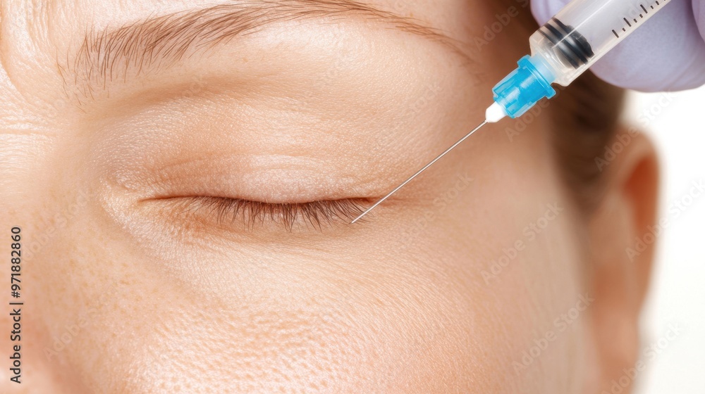 A woman is receiving a Botox injection to reduce wrinkles during a cosmetic treatment session at a medical clinic A woman is receiving a Botox injection to reduce wrinkles during a cosmetic treatment session at a medical clinic