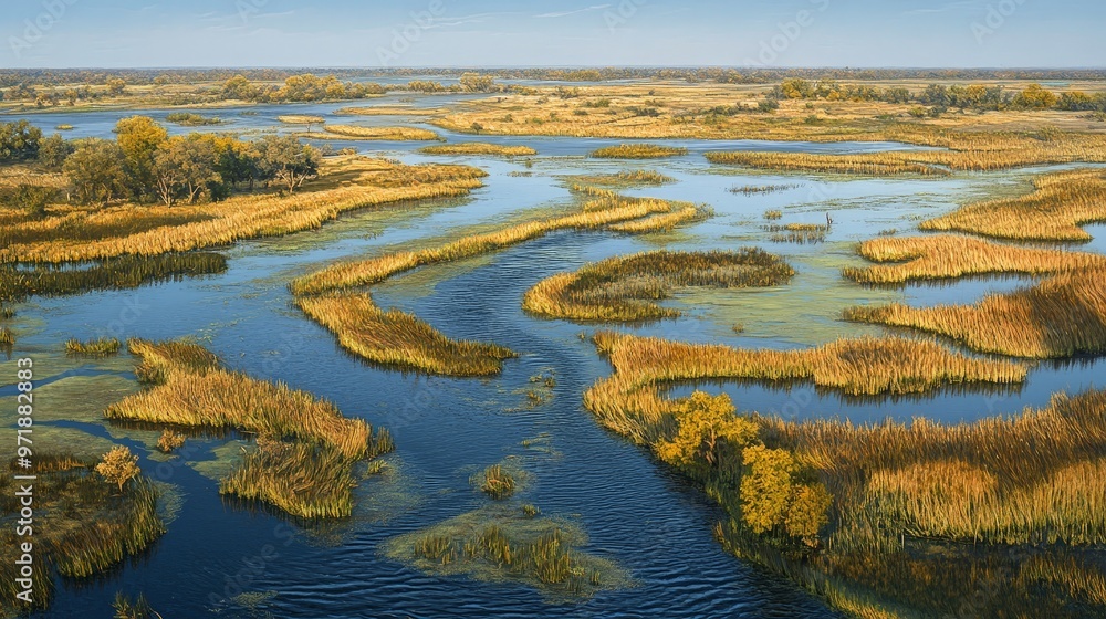 Naklejka premium A scenic river delta with a network of waterways meandering through fertile wetlands, dotted with reeds and vibrant birdlife.