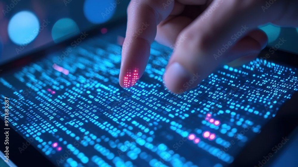 Digital Innovation in Business: Businessman Pointing at Glowing Code on Tablet against Binary Background Digital Innovation in Business: Businessman Pointing at Glowing Code on Tablet against Binary Background