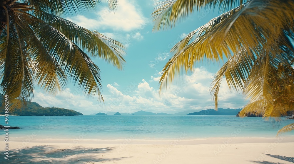 Palm trees in tropical sunny beach and tropical sea in Paradise island Summer vacation and tropical beach concept : Generative AI Palm trees in tropical sunny beach and tropical sea in Paradise island Summer vacation and tropical beach concept : Generative AI