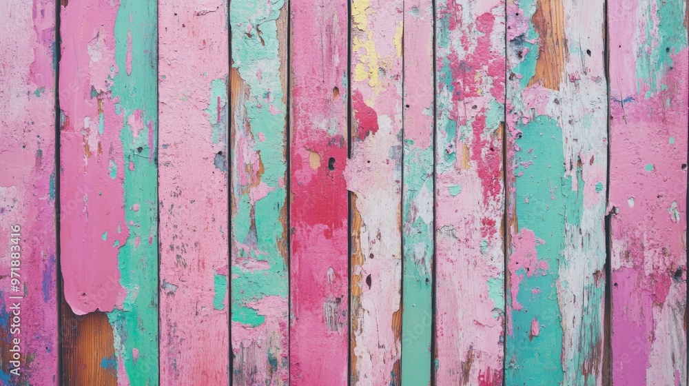 The weathered wooden surface displays textured paint layers in vibrant pink and green hues, reflecting a mix of artistry and decay The weathered wooden surface displays textured paint layers in vibrant pink and green hues, reflecting a mix of artistry and decay