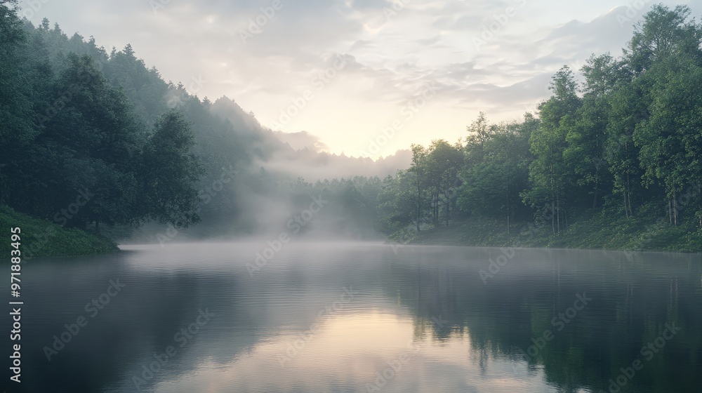 A serene lake surrounded by a lush forest, with mist rising from the calm water and a soft sunrise illuminating the tranquil landscape. A serene lake surrounded by a lush forest, with mist rising from the calm water and a soft sunrise illuminating the tranquil landscape.