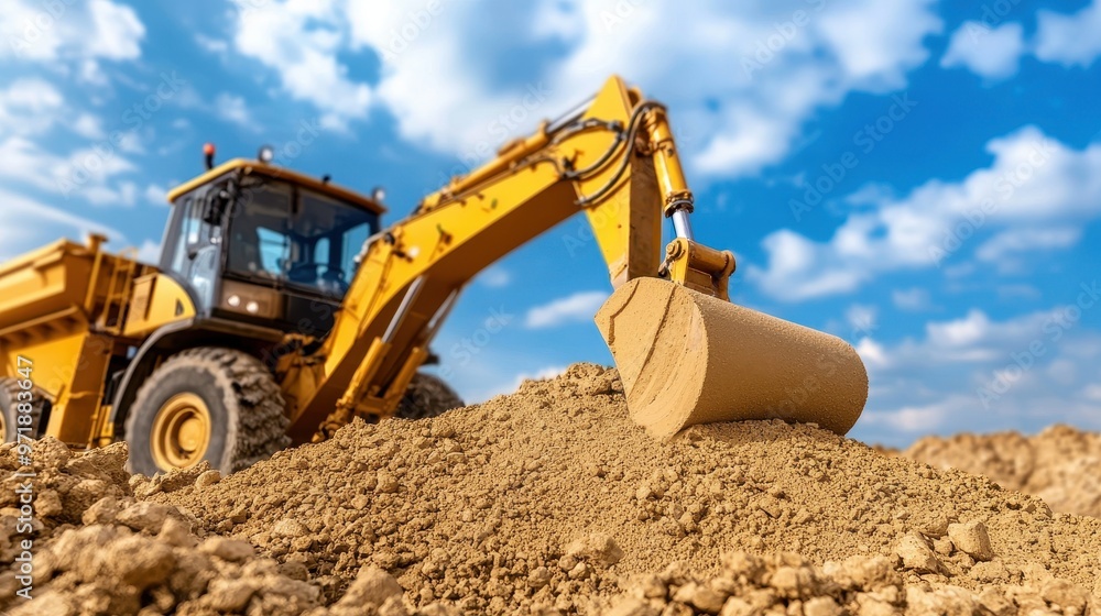Fototapeta premium Excavator Digging Soil in Construction Site