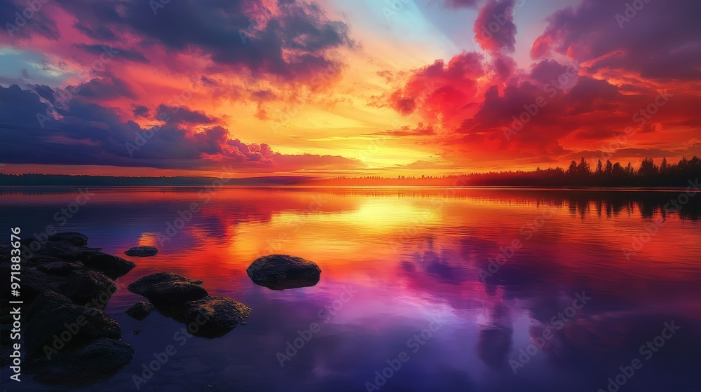 A serene sunset over a calm lake, with the sky ablaze in warm hues and the water reflecting the colorful sky, creating a tranquil and picturesque scene. A serene sunset over a calm lake, with the sky ablaze in warm hues and the water reflecting the colorful sky, creating a tranquil and picturesque scene.