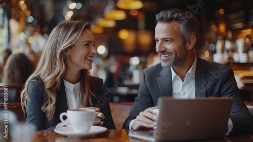 Smiling Caucasian businessman and businesswoman engage in a productive meeting over a laptop holding cups of coffee in a bustling coffee house : Generative AI