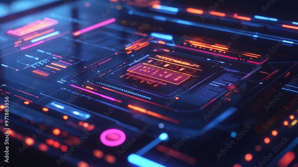 A sleek, futuristic holographic interface illuminated with neon lights floats in a high-tech workspace. A sleek, futuristic holographic interface illuminated with neon lights floats in a high-tech workspace.