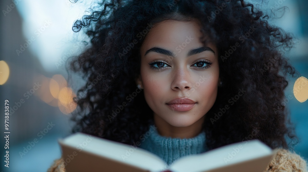 Closeup over the shoulder view of a woman with curly hair engrossed in an open book outdoors in an expansive urban area : Generative AI Closeup over the shoulder view of a woman with curly hair engrossed in an open book outdoors in an expansive urban area : Generative AI