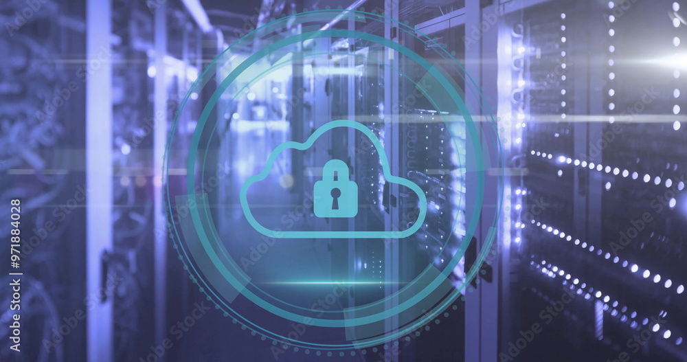 Image of padlock and cloud icon and digital data processing over computer servers Image of padlock and cloud icon and digital data processing over computer servers