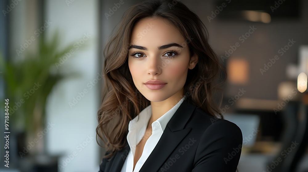 Confident businesswoman in a black suit looking directly at the camera. Confident businesswoman in a black suit looking directly at the camera.