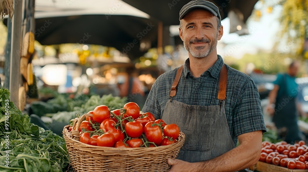 Friendly man tending an organic vegetable stall at a farmers market and selling fresh vegetables Male gardener selling basket full of fresh tomatoes at the vegetable market : Generative AI Friendly man tending an organic vegetable stall at a farmers market and selling fresh vegetables Male gardener selling basket full of fresh tomatoes at the vegetable market : Generative AI