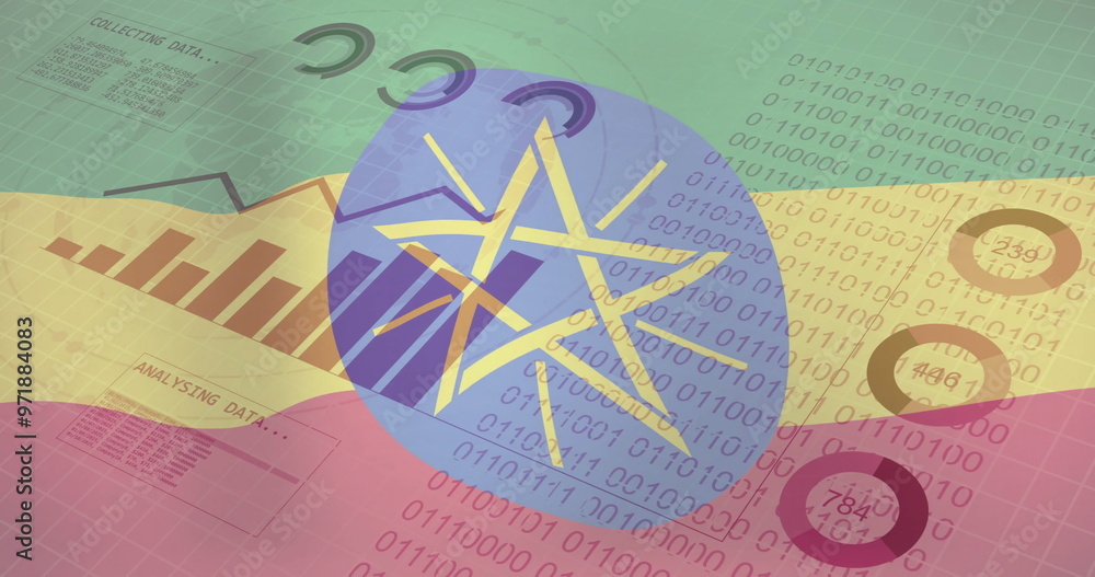 Fototapeta premium Collecting data and binary coding image over flag of Ethiopia