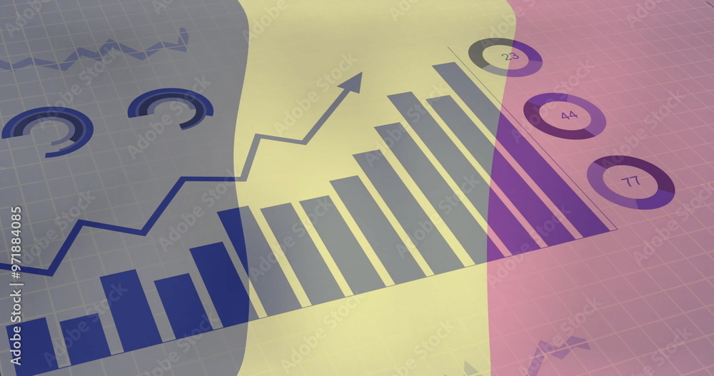 Obraz premium Bar and line charts with data points image over flag of Belgium