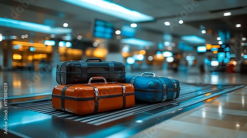 Airplane passengers baggage at airport terminal hall travel vacation and transportation concept : Generative AI