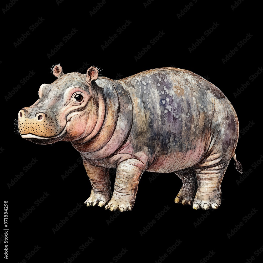 Obraz premium Watercolor Illustration of a Young Hippopotamus