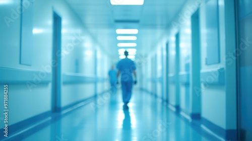 Blurred corridor with distant medical staff in a sterile hospital environment.