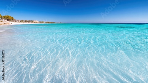 Waves gently lap against the shore, with vibrant turquoise waters stretching towards a clear horizon under a sunny sky