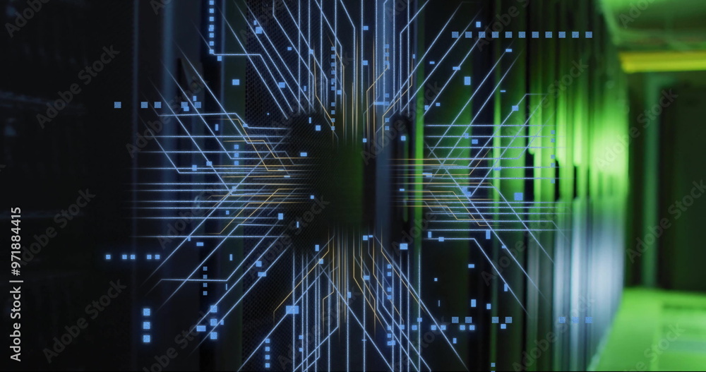 Obraz premium Image of digital data processing and circuit board over computer servers