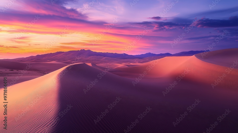 A stunning desert landscape with sweeping sand dunes under a vibrant sunset sky, capturing the stark beauty and serenity of the arid environment A stunning desert landscape with sweeping sand dunes under a vibrant sunset sky, capturing the stark beauty and serenity of the arid environment