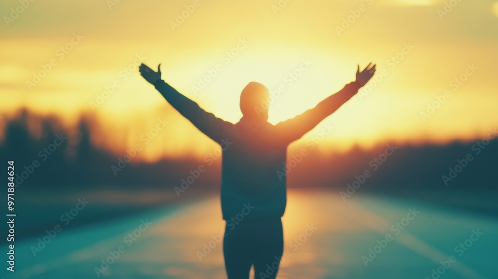 Fototapeta premium An athlete raises their arms in celebration on a running track at sunset, basking in the glory of their hard-earned victory