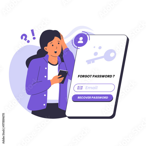 Confused woman forgetting her password illustration for web page. This design can be used for websites, landing pages, UI, mobile applications, posters, banners