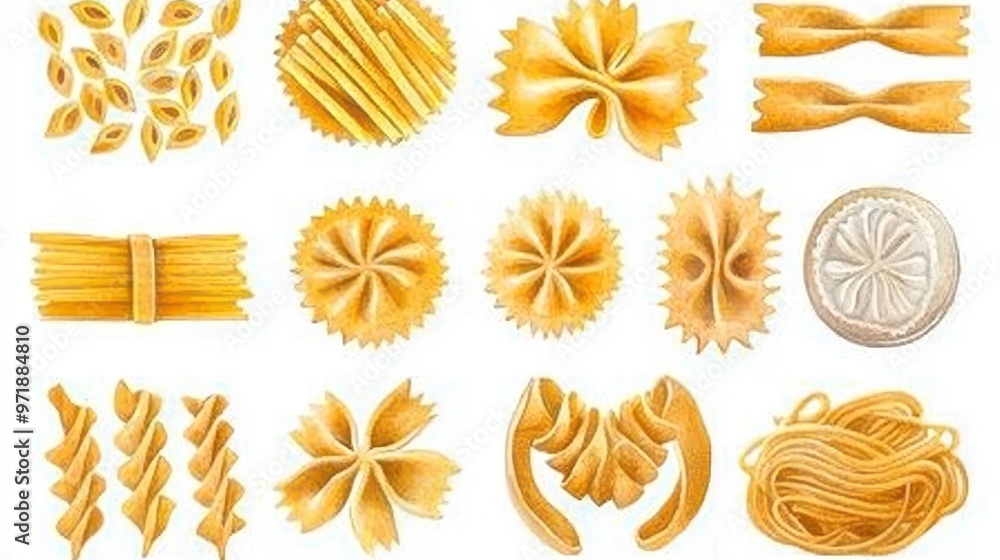 Variety of Pasta Shapes Watercolor Illustration Variety of Pasta Shapes Watercolor Illustration