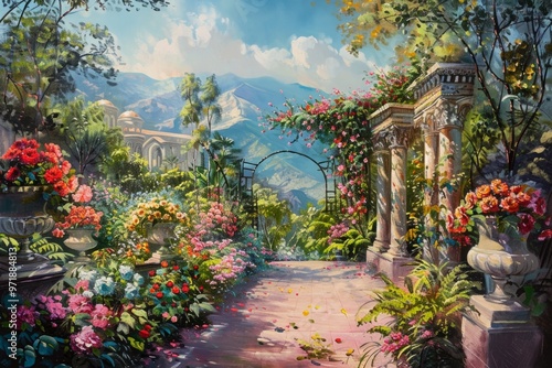 A classic oil painting of a grand garden in full bloom, its grandeur and elegance reminiscent of the Renaissance era