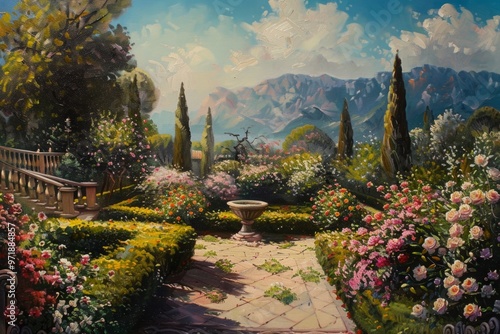 A classic oil painting of a grand garden in full bloom, its grandeur and elegance reminiscent of the Renaissance era