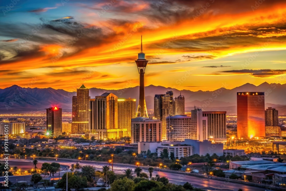 Fototapeta premium Dramatic Nevada desert sunset casts a warm glow on the iconic Las Vegas Strip's sleek modern skyscrapers and neon-lit casino resorts in stark silhouette.