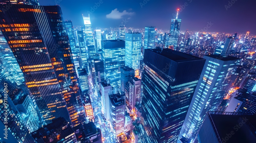 Nighttime aerial view of a dense cityscape with illuminated skyscrapers Nighttime aerial view of a dense cityscape with illuminated skyscrapers
