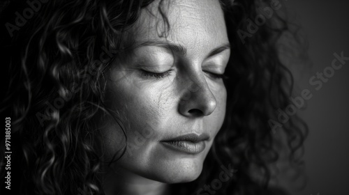 Serene portrait of a woman with curly hair in black and white generative ai