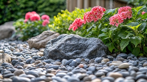 Landscaping with boulders Flower bed with blooming Geranium himalayense Hydrangea macrophylla Alchemilla mollis and boulders on pebbles : Generative AI photo