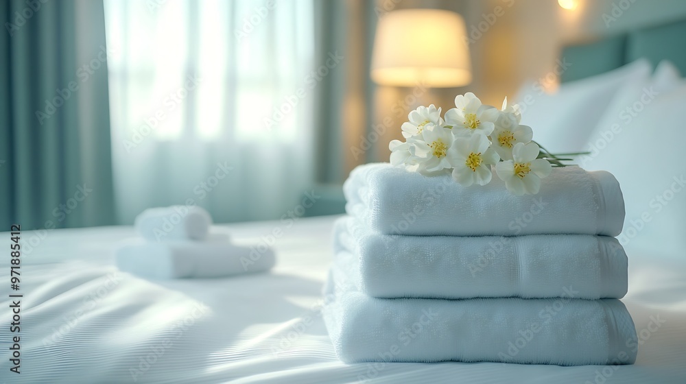 A hotel maid stacked towels on the bed and placed flowers on the towels in a hotel room : Generative AI A hotel maid stacked towels on the bed and placed flowers on the towels in a hotel room : Generative AI