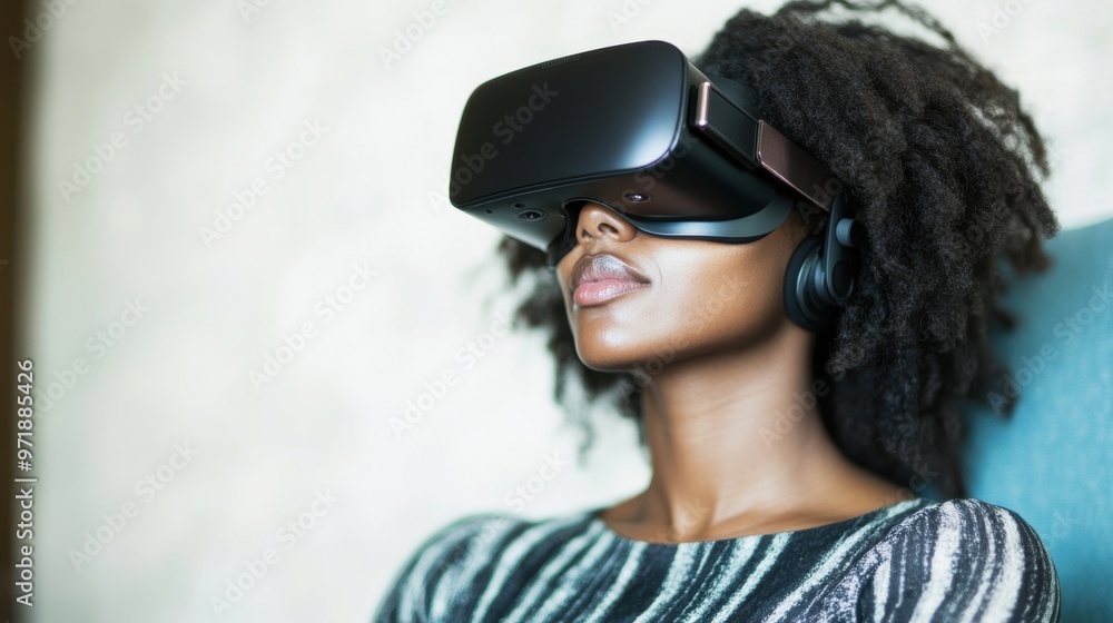 A woman is fully immersed in virtual reality, wearing a headset and experiencing digital environments in a contemporary space A woman is fully immersed in virtual reality, wearing a headset and experiencing digital environments in a contemporary space