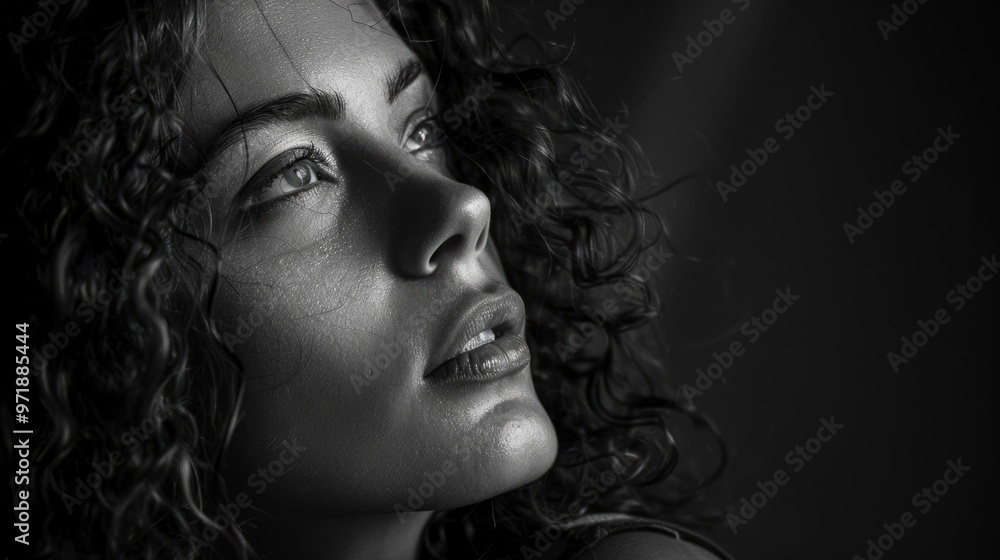 Serene portrait of a woman with curly hair in black and white generative ai Serene portrait of a woman with curly hair in black and white generative ai